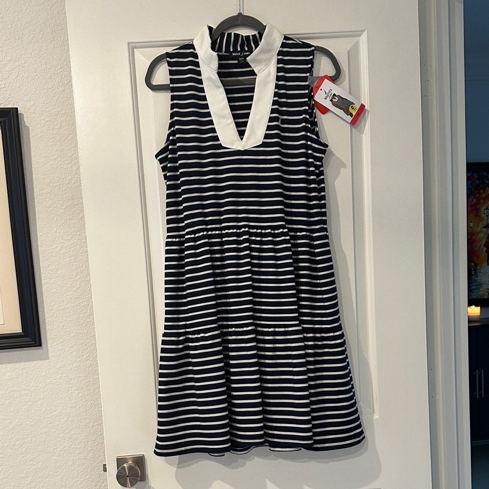 Nautica Striped Sleeveless V-Neck Tiered Dress - Black & White